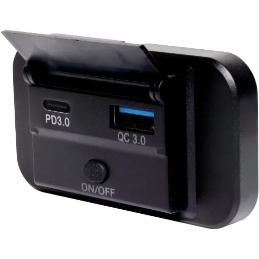 A compact panel mount charging socket providing 18W USB type C power delivery charging and QC3.0 USB type A charging.