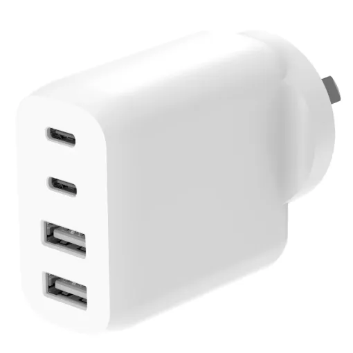 This USB charger features two standard USB type A charging ports as well as a two USB-C power delivery (PD) ports rated at 30W charging.