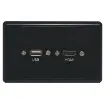 Latest HDMI high speed with Ethernet (1.4) connection. Rear is fitted with 150mm fly leads and HDMI and USB type A socket for easy connection. Supplied with two facia covers to suit your decor.