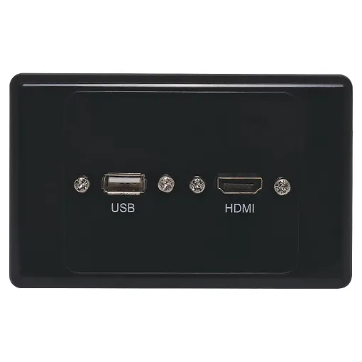 Latest HDMI high speed with Ethernet (1.4) connection. Rear is fitted with 150mm fly leads and HDMI and USB type A socket for easy connection. Supplied with two facia covers to suit your decor.