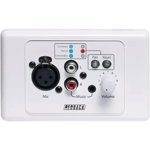 This Microphone/Line Pre Amplifier Wallplate accepts either a microphone level, line level, music or bluetooth input and converts the signal to a balanced high level output.