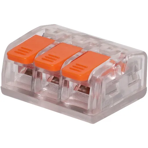 This Lever Splicing Terminal Block is ideal for various electrical applications. Features a transparent polycarbonate shell, actuating lever, and conductive parts made of copper nickel plated, this connector ensures reliable and secure connections.