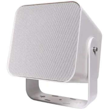 This all weather long throw PA speaker is a compact yet powerful two-way speaker designed for both indoor and outdoor use, featuring a sturdy bracket mount and a sleek ABS enclosure.