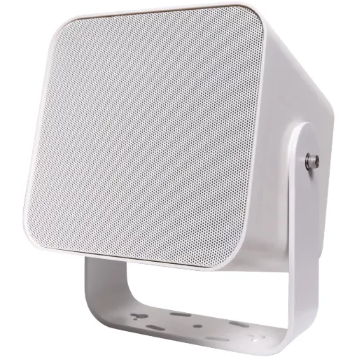 This all weather long throw PA speaker is a compact yet powerful two-way speaker designed for both indoor and outdoor use, featuring a sturdy bracket mount and a sleek ABS enclosure.