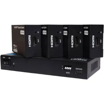 This HDMI 1x4 Splitter can distribute 1 HDMI source signal to any 4 display devices, supporting video resolution up to 4K@60Hz.