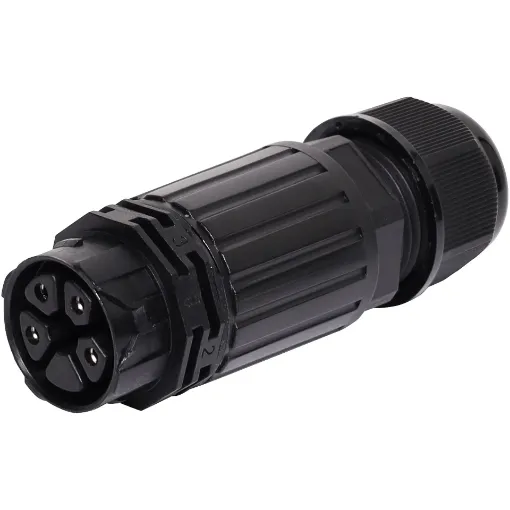 This waterproof IP68 4 pin connector features a screwless termination and locking connection to mating connectors (see P8670 for male line plug).