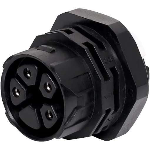 This waterproof IP68 4 pin connector features a screwless termination and locking connection to mating connectors (see P8670 for male line version).