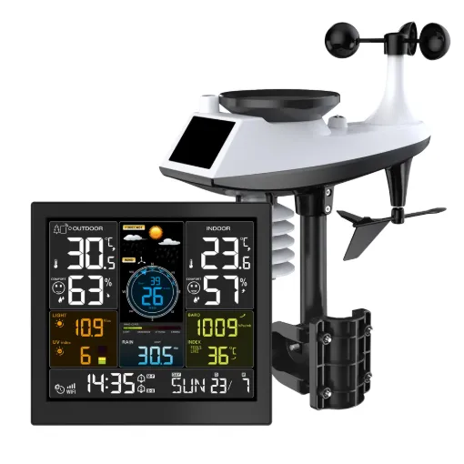 This fantastic wireless Wi-Fi home weather station contains everything you require to monitor live weather conditions at home. The main base station displays at a glance, indoor and outdoor temperature, humidity, barometric pressure, recent rainfall, wind speed and direction.