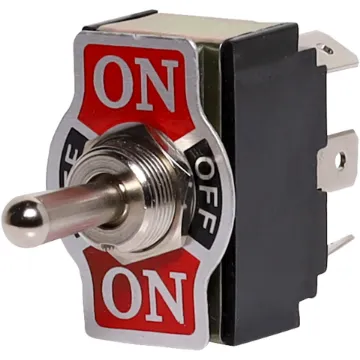 DPDT switch with On-Off-On plate. Locks on in both directions. With metal actuator. Spade Connections on rear.