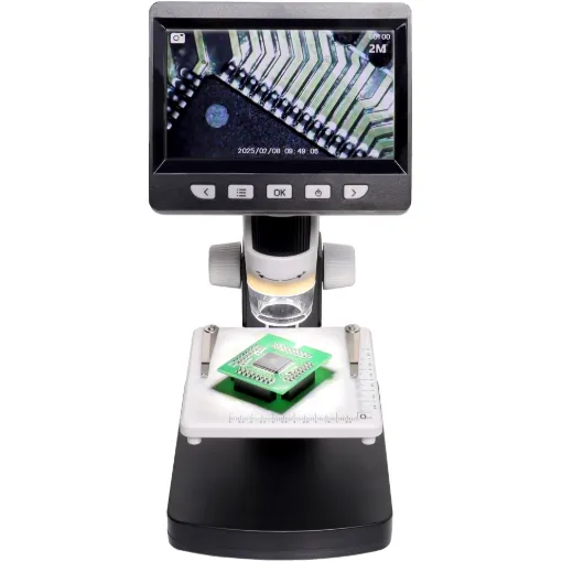 A compact digital microscope with a 4.3” colour screen, ideal for classrooms, hobbyists, and PCB inspection. Offers adjustable focus, zoom, LED lighting, USB connectivity, photo storage, and portable rechargeable operation.