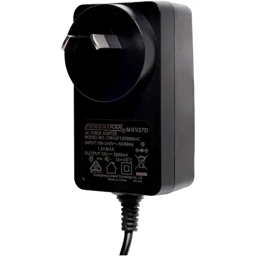 12V DC Switchmode Plugpack Supplied with fixed 2.1mm DC positive tip. Compact design with high current regulated output. Energy authority approved. MEPS approved. 12VDC @ 3A.