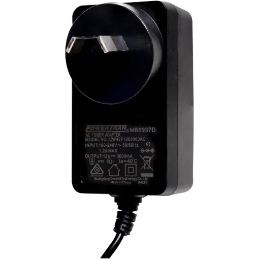 12V DC, 3 Amp Switchmode Plugpack Supplied with a fixed positive to tip 2.5mm DC jack (2.5ID x 5.5OD x 10L). Compact design with high current regulated output. Energy authority approved. MEPS approved.
