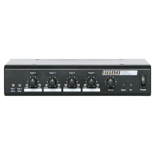 This 4 channel mixer has been designed to meet the requirements of professional public address installations. It is ideally suited for use in shopping centres, gymnasiums, places of worship, court rooms etc.