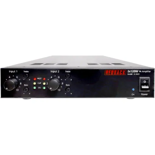 This 2 x 120W PA zone amplifier developed by Redback, allows installers to mix and match amplifiers within a 1RU 19” rack space.