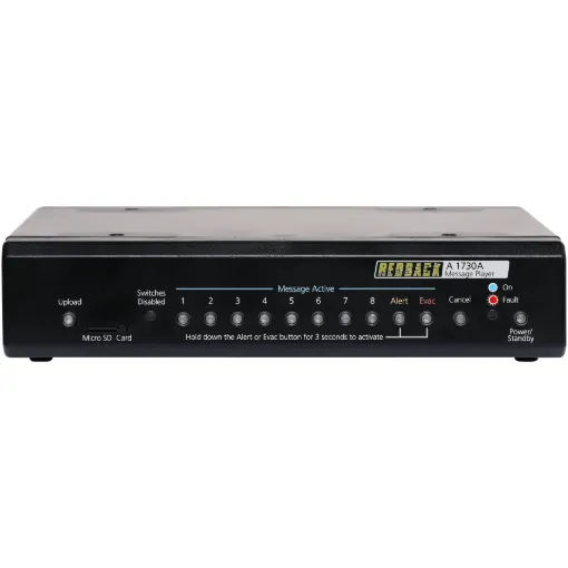 This compact message player can be custom programmed  with tones, messages or music for use in interactive displays, security, customer entry  and emergency evacuation announcements.