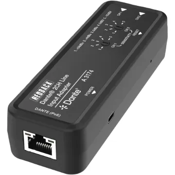 Converts two-channel balanced/unbalanced analog audio into Dante 2CH digital audio, then transmits the audio to the receiving end through network (Dante).