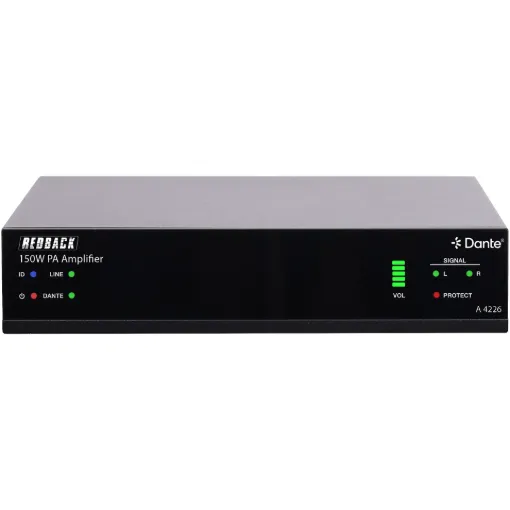 Compact amplifier featuring Dante connectivity provides the latest technology for digital ready PA systems while offering the flexibility of 150W 100V line or 2x75W stereo operation.