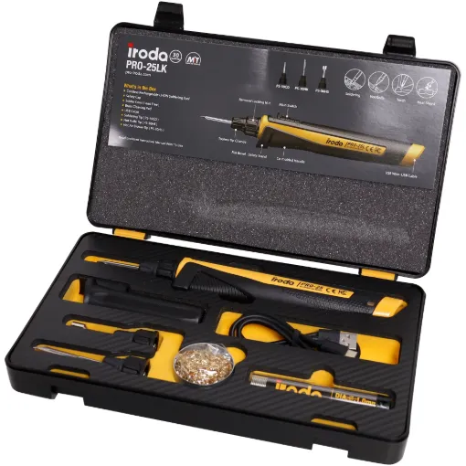 A kit version of the Iroda Solder Pro 25L, a battery powered soldering iron offering 30 Watts of heating power. USB rechargeable. Reaches temperatures up to 600&degC with 45 minute run time from its internal lithium battery.