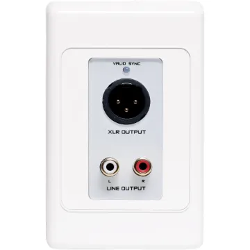 3 pin XLR and RCA audio input wallplate fitted with a Dante equipped interface for transmitting signals over Cat5e/6/7 in Dante audio networks
