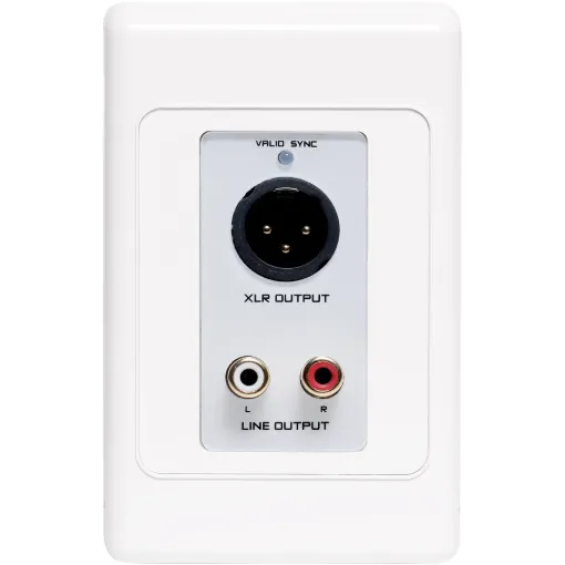 3 pin XLR and RCA audio input wallplate fitted with a Dante equipped interface for transmitting signals over Cat5e/6/7 in Dante audio networks