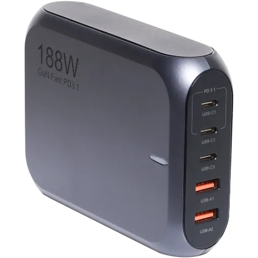 This powerful 188W USB charger provides two USB C power delivery 3.1/PPS) ports, a standard 30W USB C port and two USB Type A quick charge ports.
