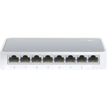 TL-SF1008D 8-port 10/100Mbps Fast Ethernet Switch provides 8 10/100Mbps Auto-Negotiation RJ45 ports. All ports support Auto MDI/MDIX function, eliminating the need for crossover cables or Uplink ports. The Switch is Plug-and-Play and each port can be used