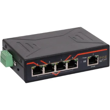 A compact 4 port (+uplink port) 100Mbps switch for use where DIN rail mounting is required in industrial data/automation. Perfect for compatible PoE devices.