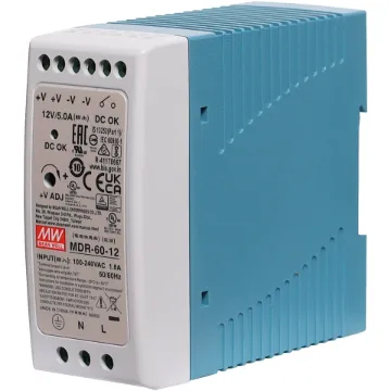 The Mean Well MDR-60-12 provides 12VDC 5A output with a rated power output of 60W. The compact enclosure is easy to wire with recessed terminals. Each Mean Well power supply includes protection from short circuit, over load and over voltage conditions to protect the supply and connected equipment from damage.