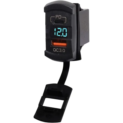 This switch panel charger includes 30W PD (type C) and 18W QC3.0 (type A). Connects directly to 12-24V with fused wiring harness.