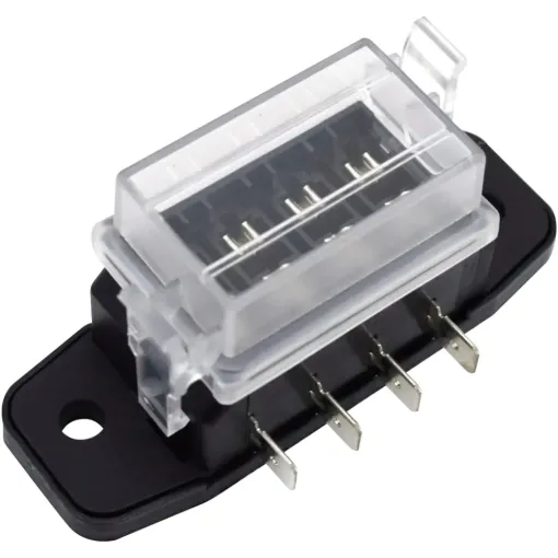 4 way in line fuse box with 6.3mm spade terminal connections. Suits standard automotive blade fuses.