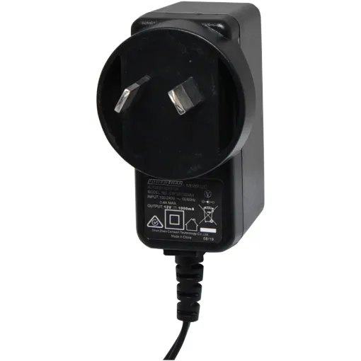 12V DC, 1 Amp Switchmode Plugpack Supplied with a fixed positive to tip 2.5mm DC jack (2.5ID x 5.5OD x 10L). Compact design with high current regulated output. Energy authority approved. MEPS approved. Dimensions: 60L x 40H x 35D mm.