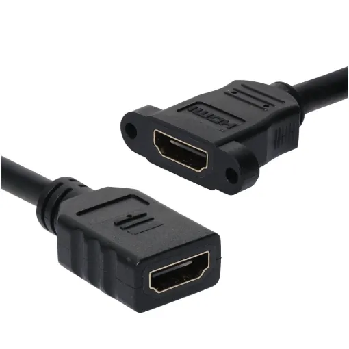 HDMI® socket to socket wallplate fly lead (Ultra High Speed HDMI Cable). Fitted with screw mount recesses for attaching to custom AV wallplates. HDMI® certified. Supports 8K resolutions at 60Hz. Suitable for use with 1.4, 2.0 and 2.1 HDMI® compliant equipment.