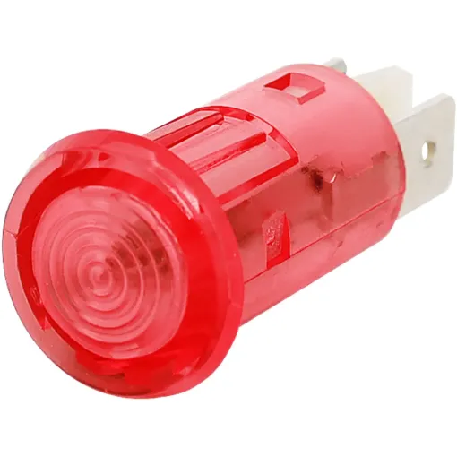 Panel mount red neon. Mounting hole 12.7mm Ø. 200-250V AC operation.