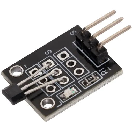 Utilises the 44E hall effect sensor for contactless magnetic switching. Output drops to ground when triggered. 3.3-5V input. 2 mounting screws. Size: 15x18x7mm