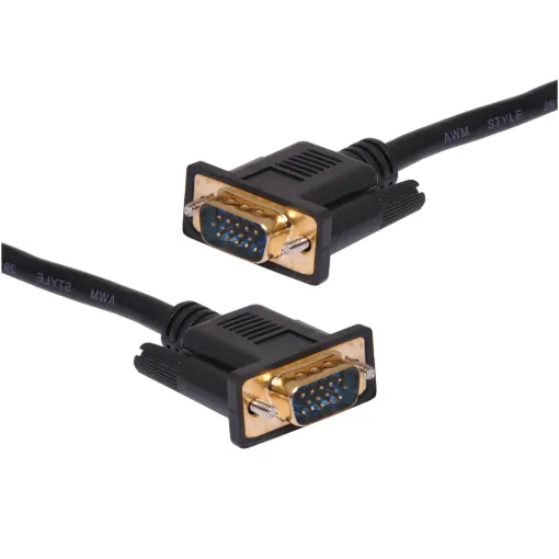 Filtered VGA DE15 High Density Male-Male Lead, 2m. Ferrite core on each end to reduce EMF interference. Tightly woven shield and cores meet UL2919 specification.