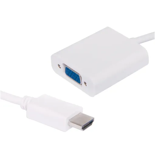 This lead adaptor converts a HDMI signal to VGA and splits the audio signal to a 3.5mm stereo jack output. This allows high quality video signals to be transmitted over greater distances.