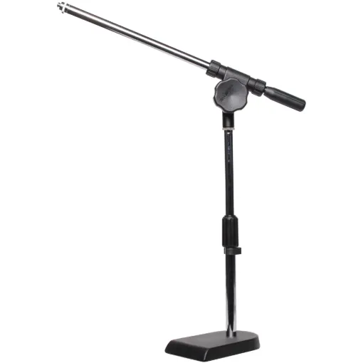 Banquet / desk type microphone stand.  Telescopes both vertically and horizontally. Swivel adjustment on horizontal arm. 5/8" thread adaptor supplied. Heavy cast base.
