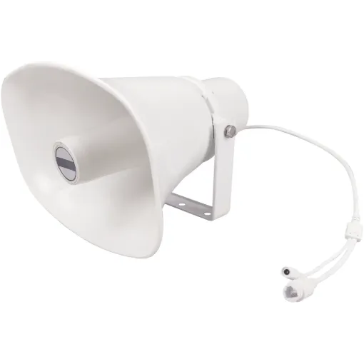 A durable weather resistant horn speaker designed for use in conjunction with the Merlaud IP communicator PA system. It features an in-built amplifier and can be powered by 12-24V DC power supply or PoE as required. The sturdy mounting bracket is u shaped and secured with stainless steel hardware.