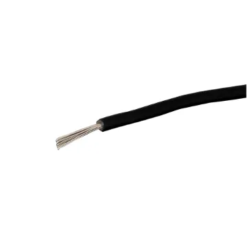 Black, 14 strand, 21AWG, medium gauge, tinned, copper hookup wire with a PVC insulator suitable for indoor, general purpose wiring.