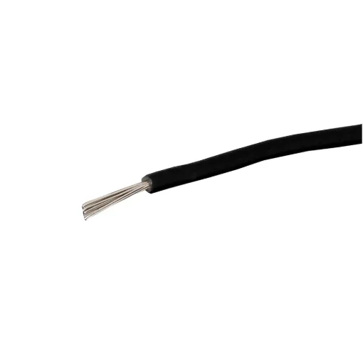 Black, 14 strand, 21AWG, medium gauge, tinned, copper hookup wire with a PVC insulator suitable for indoor, general purpose wiring.