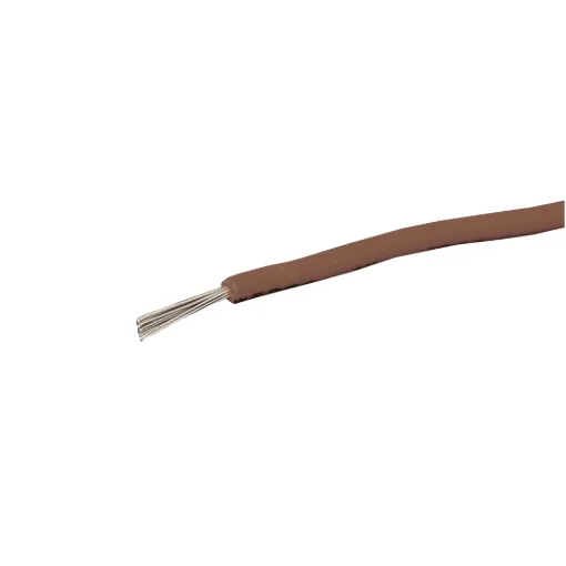 Brown, 14 strand, 21AWG, medium gauge, tinned, copper hookup wire with a PVC insulator suitable for indoor, general purpose wiring.