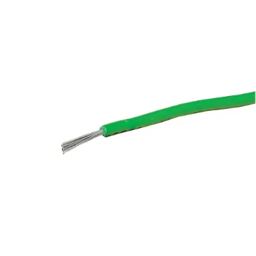 Green, 14 strand, 21AWG, medium gauge, tinned, copper hookup wire with a PVC insulator suitable for indoor, general purpose wiring.