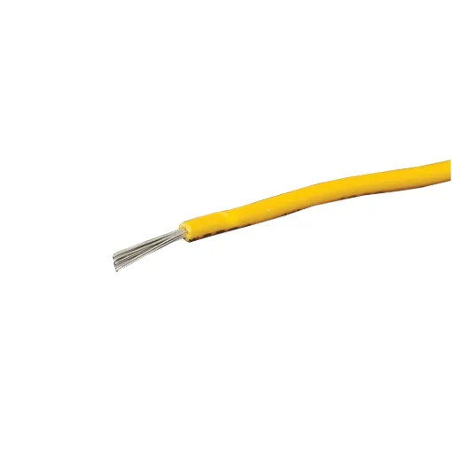 Yellow, 14 strand, 21AWG, medium gauge, tinned, copper hookup wire with a PVC insulator suitable for indoor, general purpose wiring.