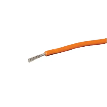 Orange, 14 strand, 21AWG, medium gauge, tinned, copper hookup wire with a PVC insulator suitable for indoor, general purpose wiring.