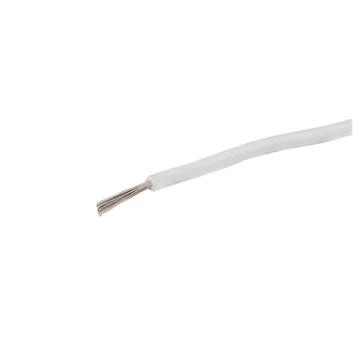 White, 14 strand, 21AWG, medium gauge, tinned, copper hookup wire with a PVC insulator suitable for indoor, general purpose wiring.