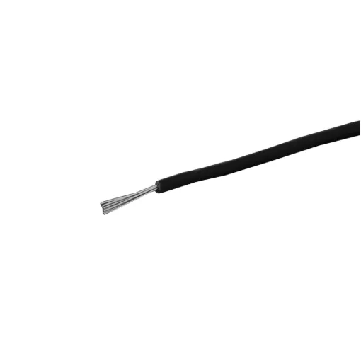 Black, 7 strand, 26AWG, tinned copper wire with a PVC insulator for indoor, general purpose, low current wiring.