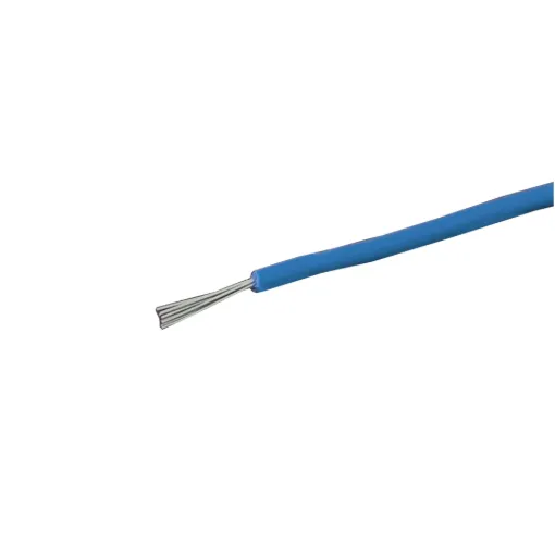 Blue, 7 strand, 26AWG, tinned copper wire with a PVC insulator for indoor, general purpose, low current wiring.