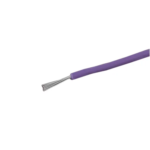 Purple, 7 strand, 26AWG, tinned copper wire with a PVC insulator for indoor, general purpose, low current wiring.