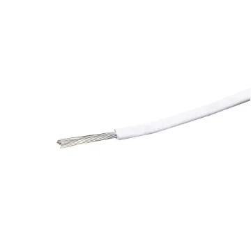 White, 24 strand, 18AWG, heavy duty, tinned copper wire with a PVC insulator suitable for indoor, general purpose wiring.