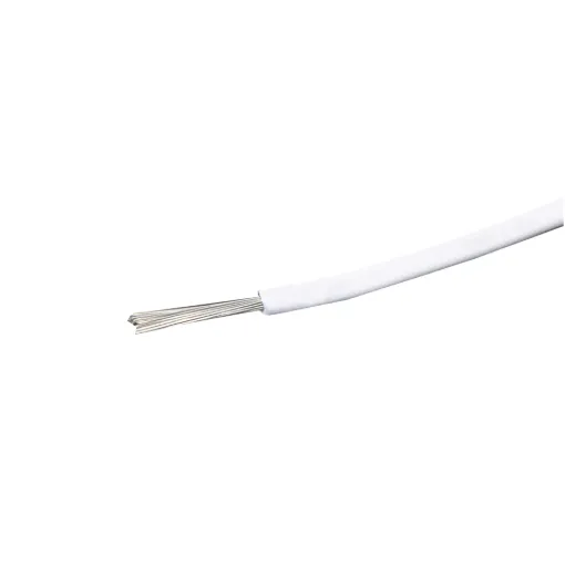 White, 24 strand, 18AWG, heavy duty, tinned copper wire with a PVC insulator suitable for indoor, general purpose wiring.